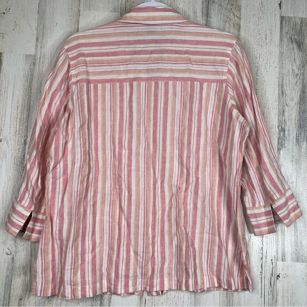 Saint Tropez West 100% Linen Shirt‎ Women's M Pink White Striped Coastal Grandma
